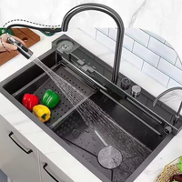 Évier de cuisine moderne noir mat en acier inoxydable 304 à cuve unique avec robinet cascade, à poser sur comptoir, multifonctionnel – Meilleures ventes
