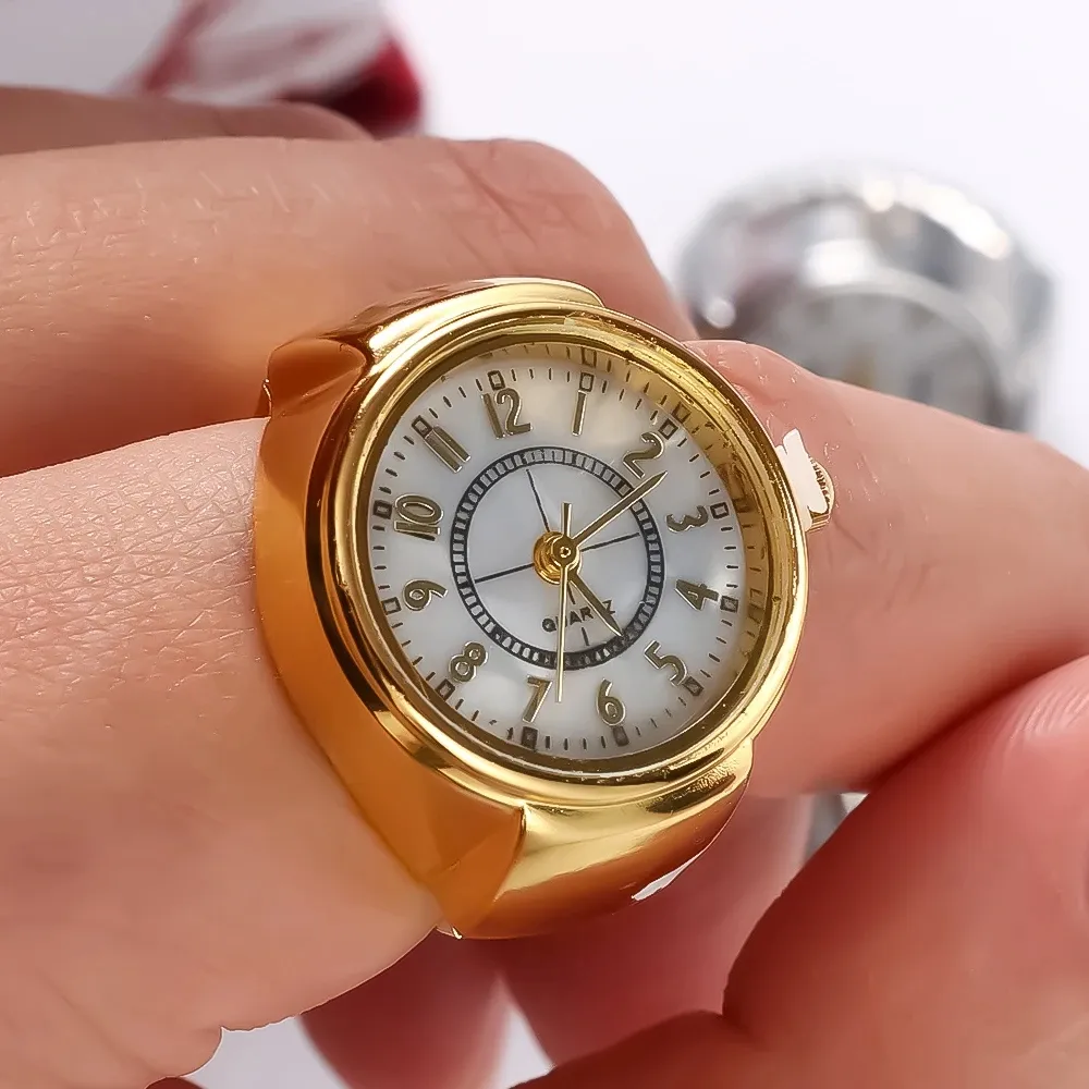 Anillo de reloj de dedo de cuarzo dorado para hombre y mujer, relojes góticos, anillos digitales elásticos, joyería, reloj de regalo