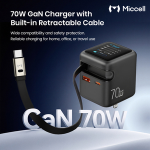 Cargadores de Teléfono GaN de 70W al por Mayor de Miccell, Cargador Tipo <span class=keywords><strong>C</strong></span> con <span class=keywords><strong>Cable</strong></span> de Carga Rápida, Adaptador de Pared USB con Pantalla Digital - Product Image 3