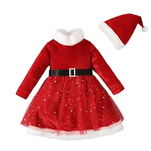 2-6T学步儿童女婴圣诞服装礼品红色天鹅绒公主裙儿童圣诞服装