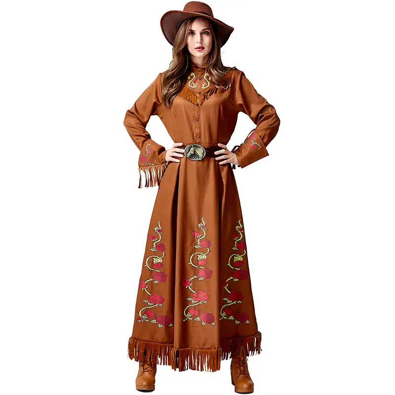 Dames Sexy Halloween West Cowboy Cosplay Kostuum Bruine Jurk Carnaval Jurk