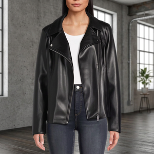 Women's Autumn/Winter Waterproof Woven PU Motorcycle <b>Jacket</b> Short <b>Blazer</b>-style with Button-Up Collar Solid Color - Product Image 5