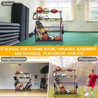 Chariot de rangement roulant pour équipement de sport, organisateur de balles et d'accessoires avec crochets et paniers pour l'intérieur et l'extérieur