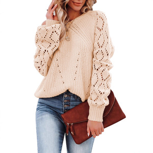 Suéter de Punto de Manga Larga con Cuello Redondo para Mujer, Tallas Grandes, Diseño de Encaje Calado, Color Sólido, Estilo Casual para Otoño e Invierno, Dropshipping Shopify - Product Image 1
