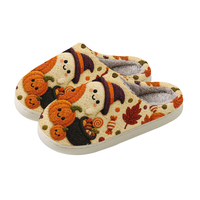 Chaussons pour femmes style broderie citrouille fantôme d'Halloween, semelle souple, confortables et chauds pour l'intérieur en hiver