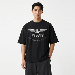 T-shirt noir à manches courtes et col rond pour homme, coupe classique, avec impression personnalisée du logo Aigle en feuille, style urbain, anti-boulochage, en jersey décontracté - Product Image 1