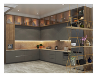 Armoire de cuisine haut de gamme en mélamine imitation bois, panneau mural, quincaillerie dorée, armoire de cuisine intelligente