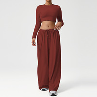 Ensemble de tenue de danse et de yoga pour femmes, pantalon ample à drapé évasé, haut d'entraînement ajusté, respirant, léger, motif uni, entraînement avant