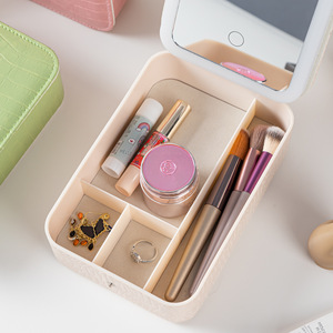 Cosmetic Storage <b>Box</b> With Mirror Led Light 14.5x21x5.5 Cm Leather Portable <b>Makeup</b> Organizer Beige Green Pink - Product Image 3