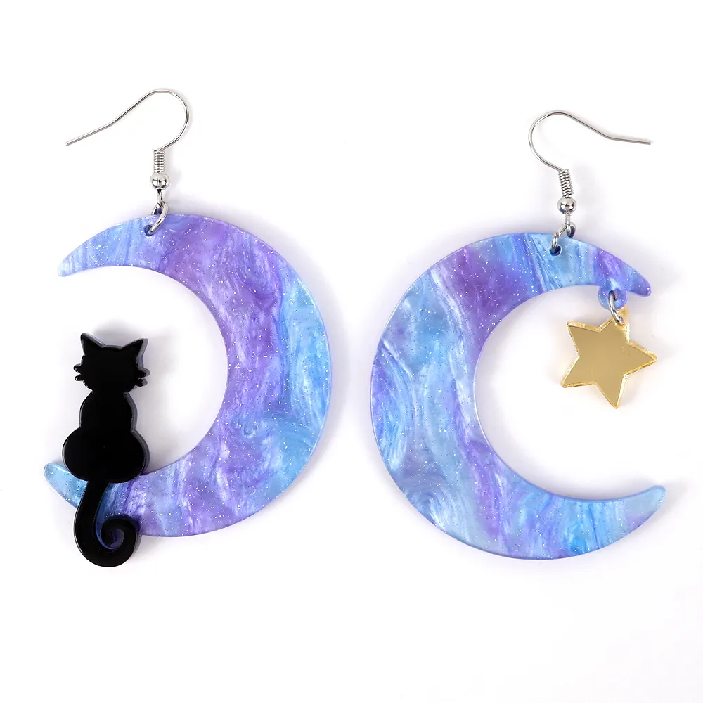 הנמכר ביותר אנימה לילה חמוד שחור חתלתול ירח שיפוע כחול כוכבים תלמיד קישוטי אקריליק עגילי עבור בנות