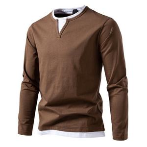 Camiseta de Manga Larga Personalizada para Hombre, Estilo Casual, Tejido de Punto, Cuello en V, Diseño de Bloques de Color Sólido, Teñido Liso - Product Image 4