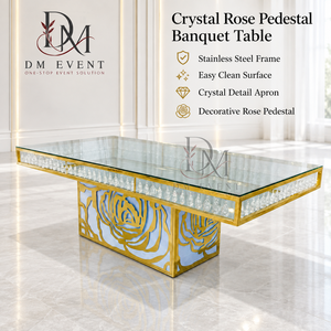 Elegant Gold Stainless Steel <b>Mirrored</b> Glass Dining Table <b>Crystal</b> Trim Floral Pedestal Base for Wedding Banquet - Product Image 1