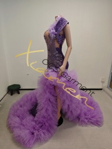 Ocstrade Listo para Enviar - Contacta Antes de Ordenar Vestido de Noche/Fiesta Sirena con Plumas Moradas, Un Hombro Descubierto, Pedrería y Cola de Tul con Volantes - Product Image 5