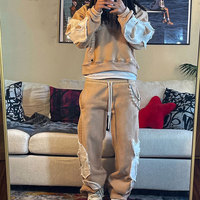 Ensemble de survêtement vintage délavé à l'acide, 2 pièces, personnalisé OEM, avec broderie appliquée effet soleil et patchs, comprenant un sweat à capuche et un pantalon de jogging