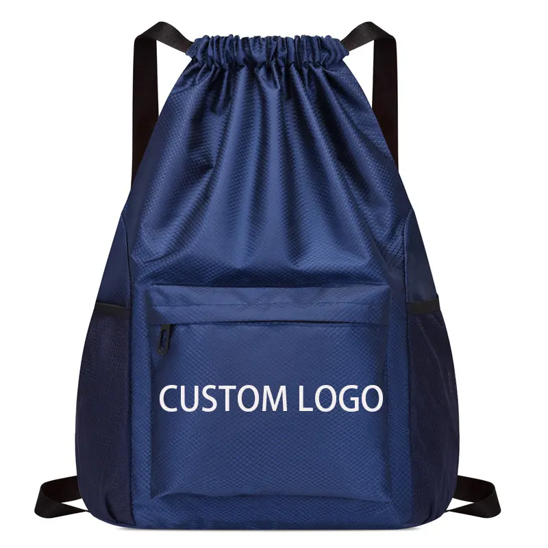 Хит продаж, пляжные сумки с логотипом на заказ, дорожная школьная спортивная сумка для спортзала, нейлоновая сумка на шнурке с карманом на молнии спереди