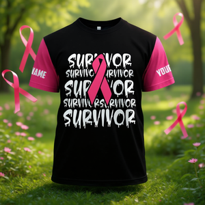 Maglietta per sopravvissute al cancro al seno con nastro rosa, personalizzabile con nome, maglietta di sensibilizzazione per donne forti e combattenti, idea regalo - Product Image 3