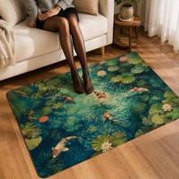 Tapis moderne en polyester imprimé avec des koi et des lotus, en velours synthétique doux, pour salon et chambre à coucher