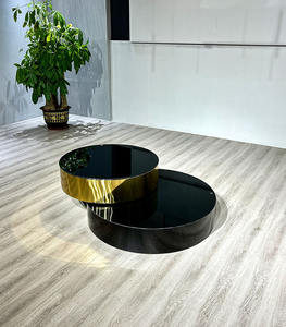 طاولة من الزجاج المقسى بتصميم حديث مستدير من الستانلس ستيل بقاعدة ذهبية أثاث أسود قابل للدوران - Product Image 2