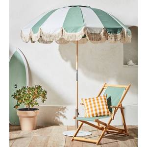 Parasol de plage minimaliste en bois pour extérieur, avec franges en coton tissées à la main, ouverture manuelle, idéal pour patio et camping - Product Image 2