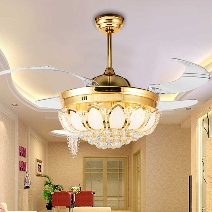 Factory Modern 42-Inch DC Remote Control BLDC LED Crystal Ceiling Fan Retractable Invisible Chandelier & Pendant Lights