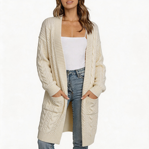 <span class=keywords><strong>Cardigan</strong></span> <span class=keywords><strong>Lungo</strong></span> da Donna Autunno Inverno con Tasche, Maglione Crema a Trecce, Apertura Frontale, Lunghezza Media, Stile Confortevole - Product Image 1