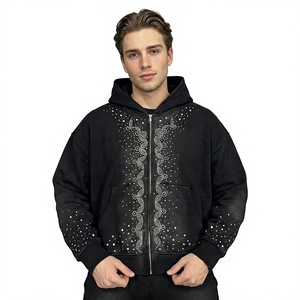 Sweat-shirt à capuche zippé surdimensionné pour homme, en tissu polaire orné de strass, vêtement décontracté d'hiver pour homme - Product Image 1