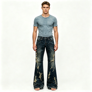 Jean évasé pour homme 2026, 14 oz, bleu foncé délavé, style streetwear Y2K, très déchiré - Product Image 1