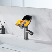Grifo de Lavabo de Latón de Doble Modo con Pantalla Digital en Gris Metálico, Grifo de Agua Fría y Caliente con Estante de Almacenamiento que Ahorra Espacio