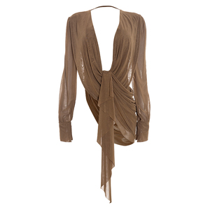 Viviblook Q26TP135 Blusa para mujer con cuello en V profundo, plisada, de color sólido, manga larga, sin espalda, sexy, ajustada, informal - Product Image 5