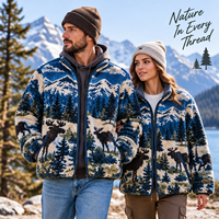 Jaket Fleece Luar Ruangan Jacquard Motif Satwa Liar Pria, Jaket Musim Dingin Hangat Beritsleting Penuh Sherpa, Label Pribadi OEM ODM, Pemasok Pakaian Grosir