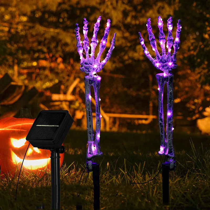 Cadılar bayramı güneş parlayan iskelet kafatası el kol Stakes işık açık hava bahçe dekorasyonu çim lambası için