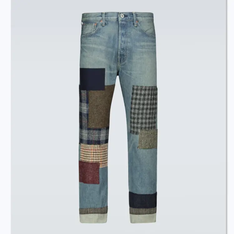 Wholesale new design high waist straight leg patchwork denim men jeans.