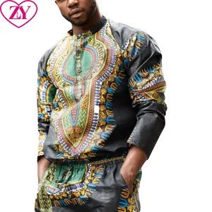 नई फैशन शैली पुरुषों अफ्रीकी प्रिंट सेट मोम कपास पुरुषों के कपड़ों की शर्ट काले Dashiki में 2 टुकड़े सेट
