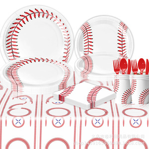 Fournitures pour fête d'anniversaire sur le thème du baseball, assiettes jetables, gobelets, serviettes, set de nappes, 60-80 pièces, respectueux de l'environnement - Product Image 3