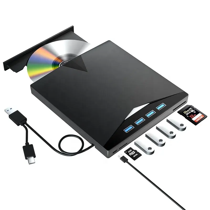 Unidad óptica externa 7 en 1 USB3.0 tipo C, grabadora de reproductor de CD DVD -/+ RW portátil con ranuras para tarjetas SD/TF, escritor para PC portátil