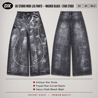 Jean large noir délavé sur mesure 420 g/m² avec clous étoile vintage, bords effilochés, coutures incurvées, denim délavé à la craie, style streetwear OEM ODM