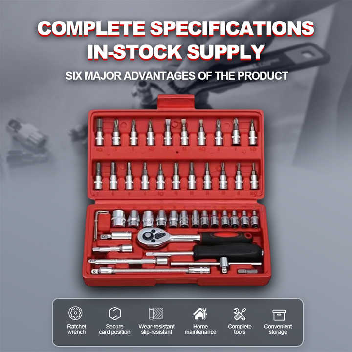 46-Pieces 1/4 Inch Drive Socket Ratchet Wrench Tool Set Metric Bit ...