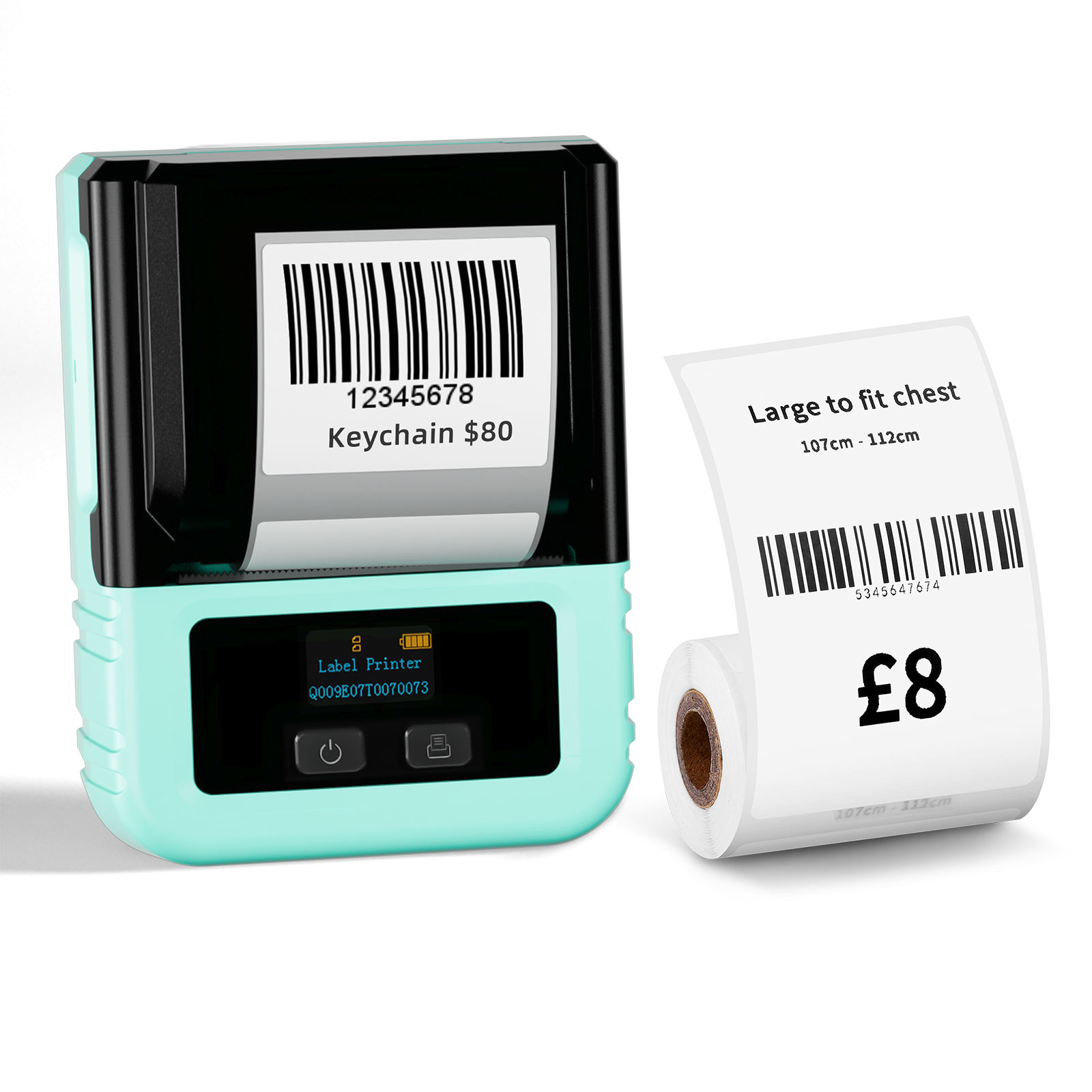 Impresora verde con etiquetas blancas cuadradas de 40x30mm