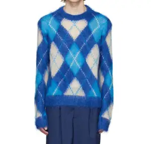 2024 Oem & Odm Suéter de mohair personalizado Mujeres Hombres Suéter de manga larga Suéter de mohair de punto Argyle personalizado