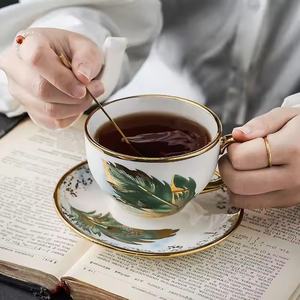 Light Luxury High-Value Sustainable Reusable Feather Ceramic Modern Floral Pattern 220ml Capacity Coffee Tea <b>Cup</b> <b>Set</b> Spoon - Product Image 4
