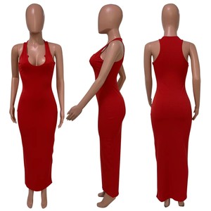 Abito lungo donna estivo Casual elegante con scollo <span class=keywords><strong>a</strong></span> U senza maniche <span class=keywords><strong>a</strong></span> coste in maglia Maxi abito - Product Image 3