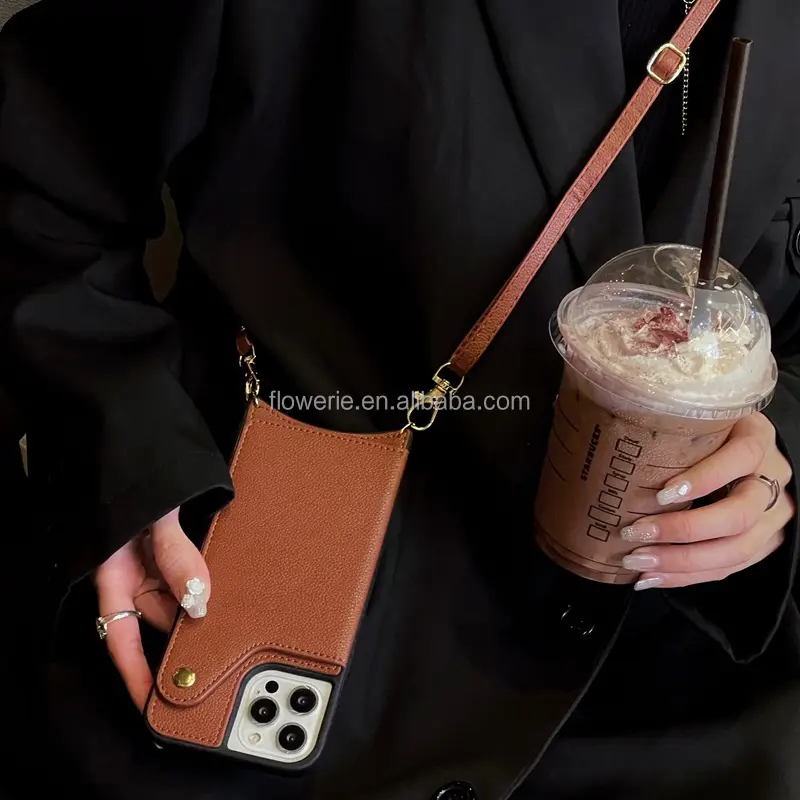 Women Wallet vegan Leather Cell Phone Case with Shoulder Long Strap Credit Card Holders For Iphone 13 14 Pro Max Mobile Cover