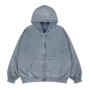 Sweat à capuche zippé personnalisé style vintage punk avec rivets, coutures inversées, couleur unie, en molleton tricoté 400g – Fabricant - Product Image 2