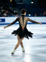 Robe de patinage artistique noire à col montant, dos en V profond en maille, strass colorés, jupe asymétrique pour filles et adultes