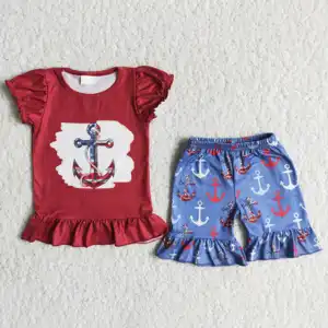 B3-2 Red top and shorts with red and blue anchor pattern outfit for girls