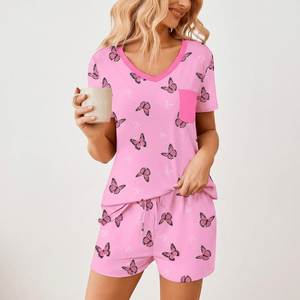 Unisex Solid <b>Butterfly</b> Print 2-Piece Shorts Set O-Neck Short Sleeve Regular Fit Casual Summer Outfit with Pocket Stretch - Product Image 1