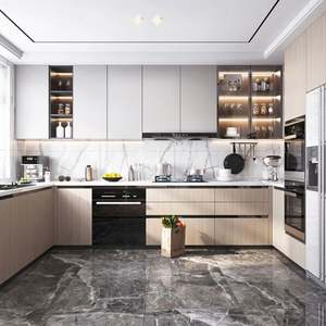 Armoires de cuisine en forme de L modernes sur mesure SANTOPOVA avec unités murales en verre et tiroirs à fermeture douce |   Finition laquée mate - Product Image 4