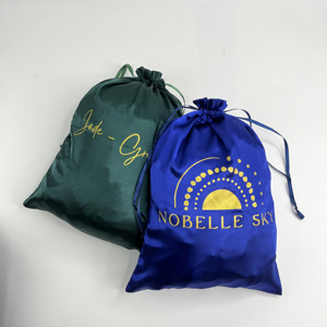 Royal Blue Satin <b>Pouches</b> with Gold Print Logo - Luxury <b>Drawstring</b> Bags for Cosmetics & Jewelry - Product Image 3