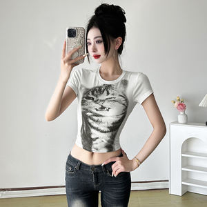 T-shirt à manches courtes pour femme, style américain, imprimé chat, coupe ajustée, crop top sexy, mode streetwear, tenue d'été - Product Image 4