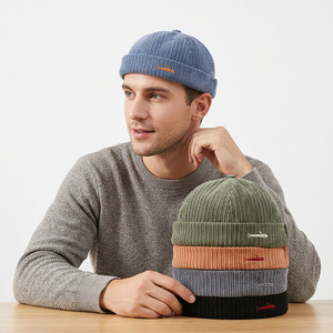 Wholesale Vintage Corduroy <b>Brimless</b> <b>Cap</b> Unisex Fish Embroidery Outdoor Docker Hat with Adjustable Strap - Product Image 1